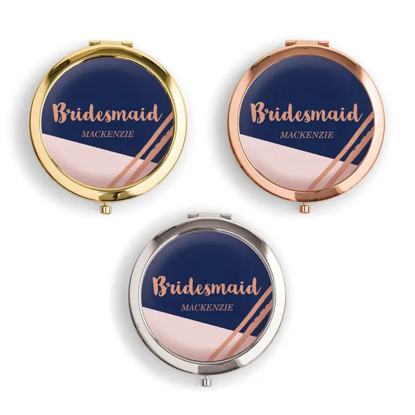 Personalized Engraved Bridal Party Pocket Compact Mirror - Retro Luxe Navy