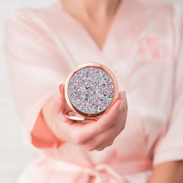 Personalized Silver Rainbow Glitter Compact Mirror