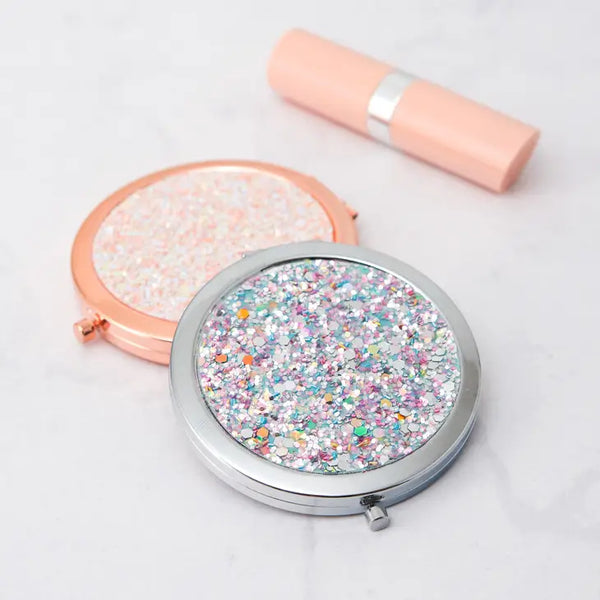 Personalized Silver Rainbow Glitter Compact Mirror