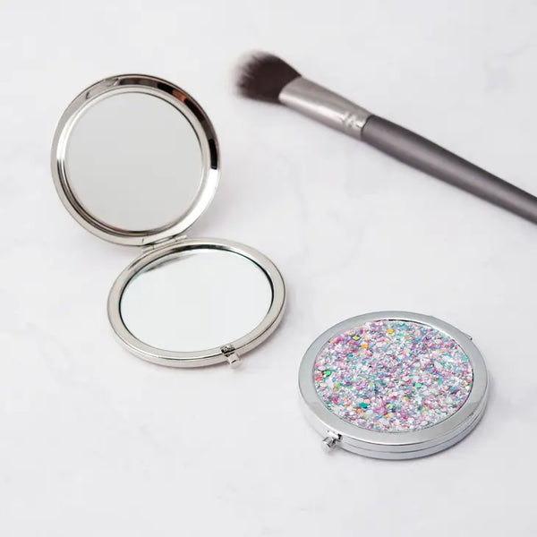 Personalized Silver Rainbow Glitter Compact Mirror