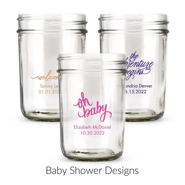 Personalised 8 oz. Glass Mason Jar Favour with Lid Options - Baby Shower | More Occasions