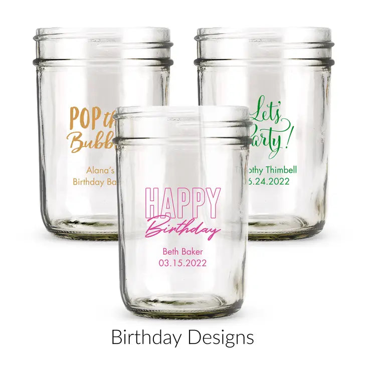 Personalised 8 oz. Glass Mason Jar with Lid Options Favour - Birthday | More Occasions