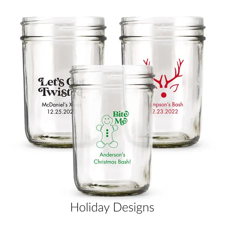 Personalised 8 oz. Glass Mason Jar Favour with Lid Options - Holiday | More Occasions