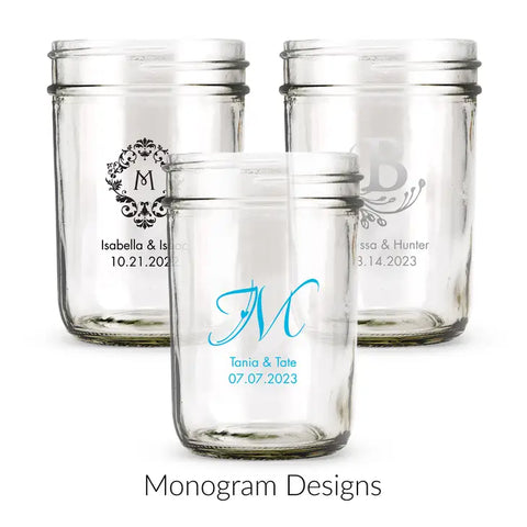 Personalised 8 oz. Glass Mason Jar Wedding Favour with Lid Options - Monograms | More Designs