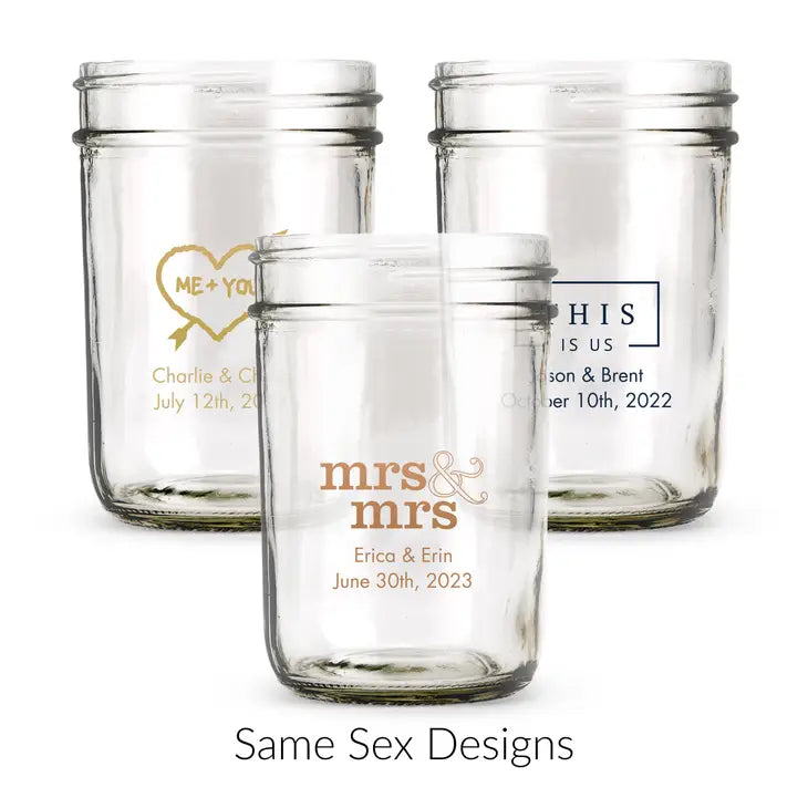 Personalised 8 oz. Glass Mason Jar Wedding Favor with Lid Options - LGBTQ+ | More Designs