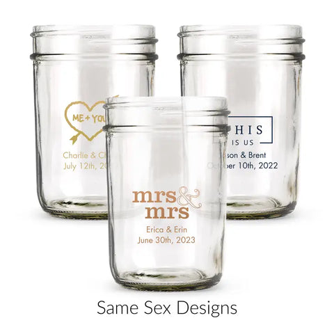 Personalised 8 oz. Glass Mason Jar Wedding Favor with Lid Options - LGBTQ+ | More Designs