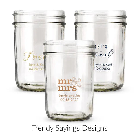 Personalized 8 oz. Glass Mason Jar Wedding Favour with Lid Options - Trendy Sayings | More Designs