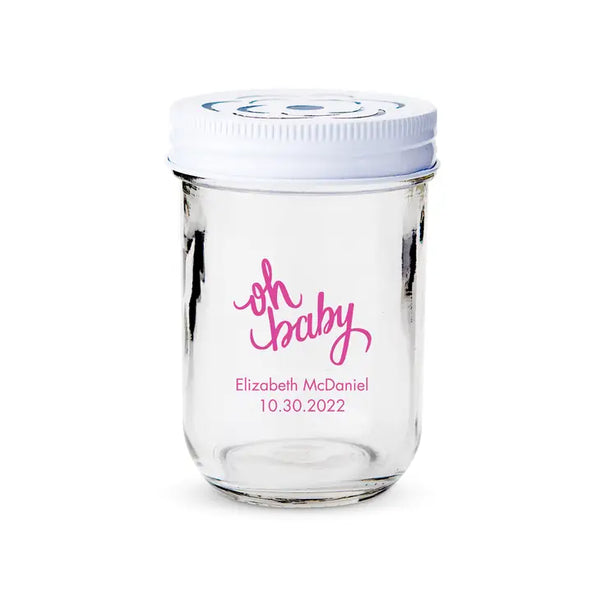 Personalised 8 oz. Glass Mason Jar Favour with Lid Options - Baby Shower | More Occasions