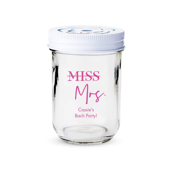 Personalised 8 oz. Glass Mason Jar Wedding Favour with Lid Options - Bachelorette | More Occasions