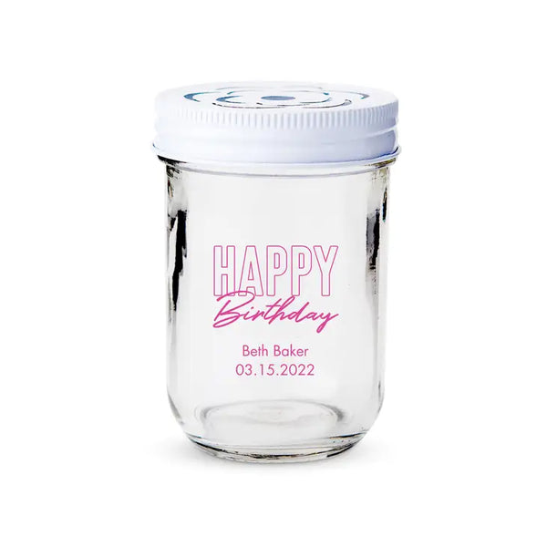 Personalised 8 oz. Glass Mason Jar with Lid Options Favour - Birthday | More Occasions