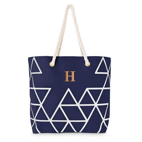 Personalized Extra-Large Geo Cotton Fabric Canvas Tote Bag - White On Blue