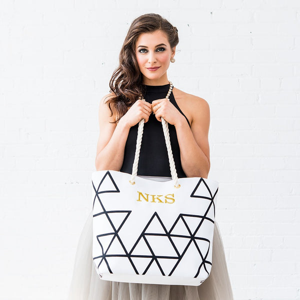 Personalized Extra-Large Geo Cotton Fabric Canvas Tote Bag - Black On White