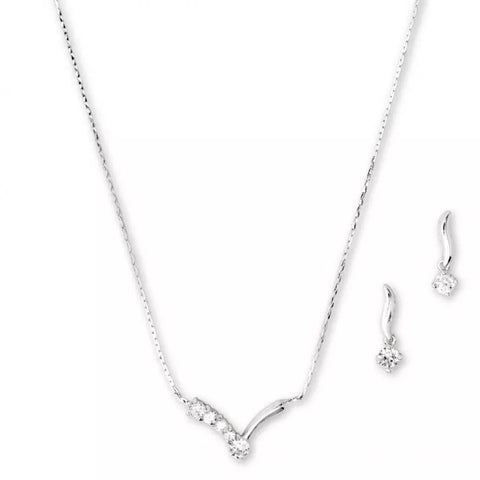 Silver Necklace And Earring Set - Crystal Chevron Pendant