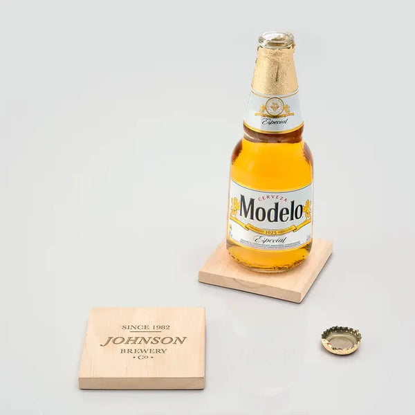 Natural Wood Coaster With Built-in Bottle Opener - Brewery Co. Etching