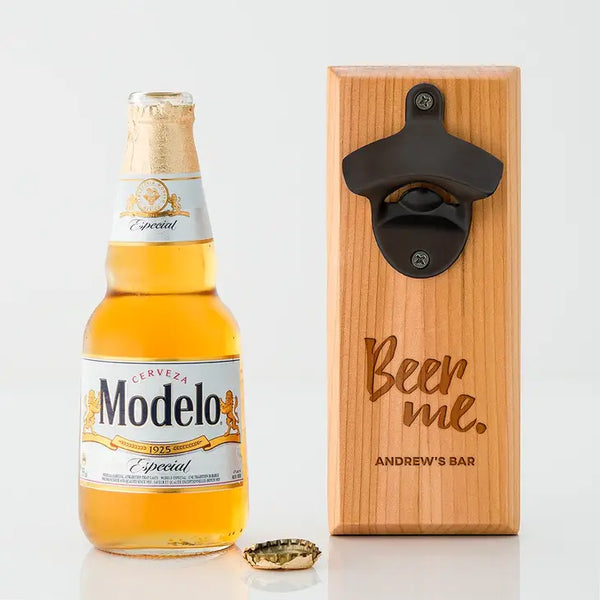 Cedar Wood Wall Mount Bottle Opener - Beer Me Etching