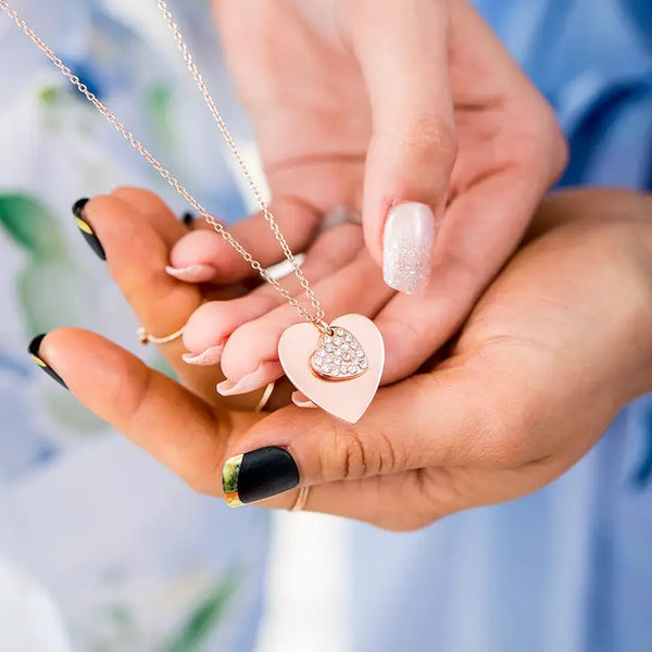 Personalized Rose Gold Engraved Charm Necklace - Crystal Double Swing Heart