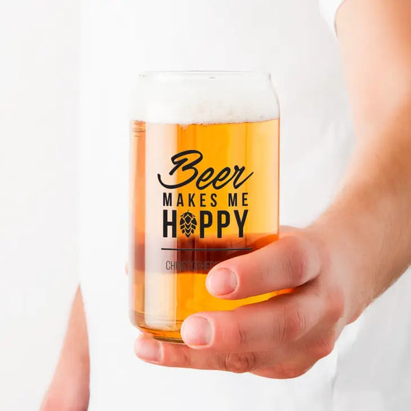 Personalized Can Shaped Drinking Glass - Beer Makes Me Hoppy Print