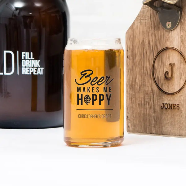 Personalized Can Shaped Drinking Glass - Beer Makes Me Hoppy Print