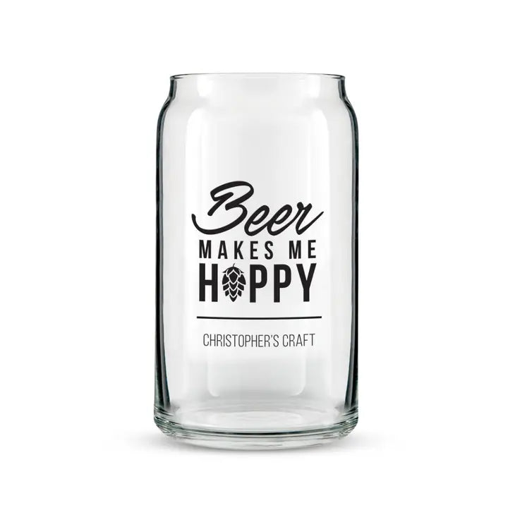 Personalized Can Shaped Drinking Glass - Beer Makes Me Hoppy Print