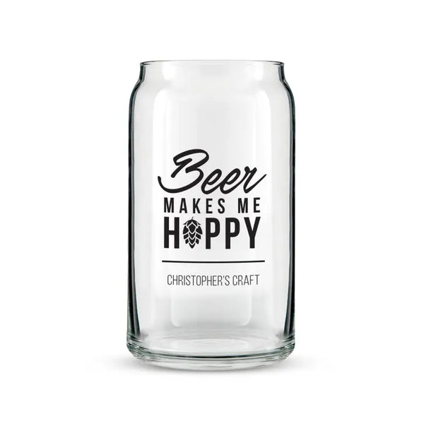 Personalized Can Shaped Drinking Glass - Beer Makes Me Hoppy Print