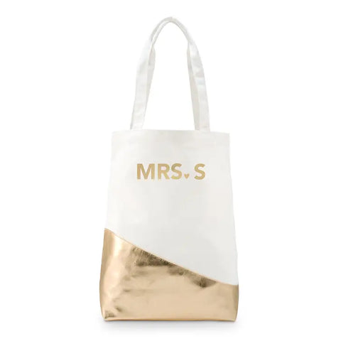 Large Personalized Gold & White Cotton Canvas Fabric Tote Bag