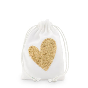 Gold Glitter Heart Muslin Drawstring Favor Bag - Small (12)