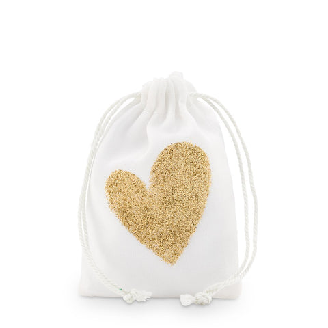 Gold Glitter Heart Muslin Drawstring Favor Bag - Small (12)