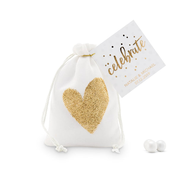 Gold Glitter Heart Muslin Drawstring Favor Bag - Small (12)