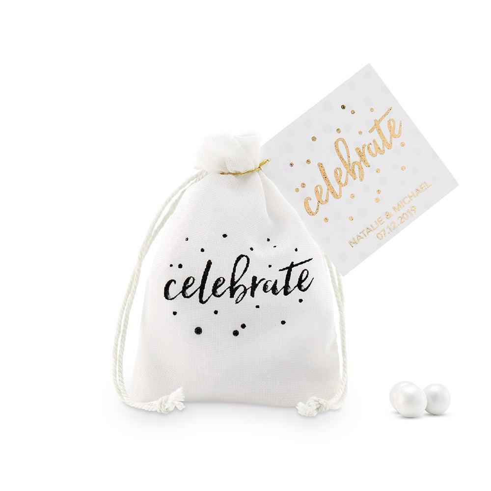 "celebrate" Print Muslin Drawstring Favor Bag - Small