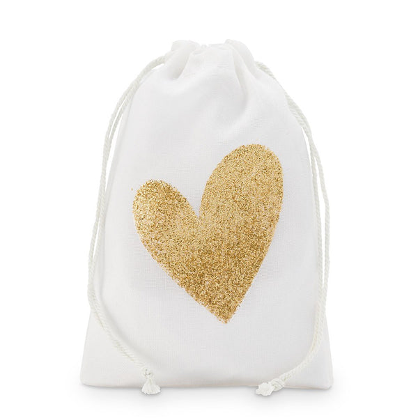 Gold Glitter Heart Muslin Drawstring Favor Bag - Medium (12)