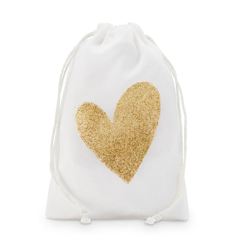 Gold Glitter Heart Muslin Drawstring Favor Bag - Medium (12)