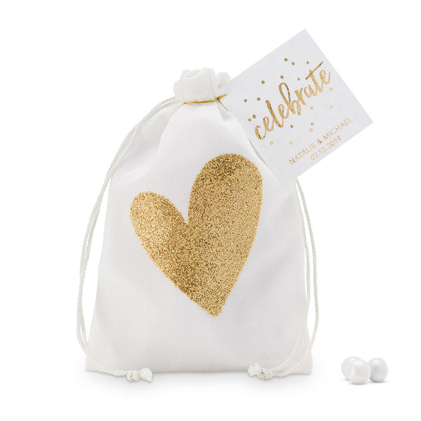 Gold Glitter Heart Muslin Drawstring Favor Bag - Medium (12)