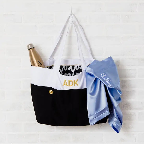 Personalized Extra-Large Color Block Cotton Canvas Zippered Tote Bag - XOXO Liner