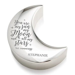 Small Personalized Silver Half Moon Jewelry Box - Sun Moon And Stars Engraving