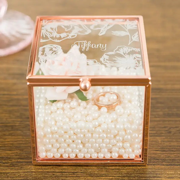 Personalized Rose Gold Glass Jewelry Box – Floral Print Engraving