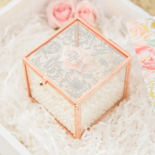 Personalized Rose Gold Glass Jewelry Box – Floral Print Engraving