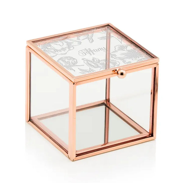 Personalized Rose Gold Glass Jewelry Box – Floral Print Engraving