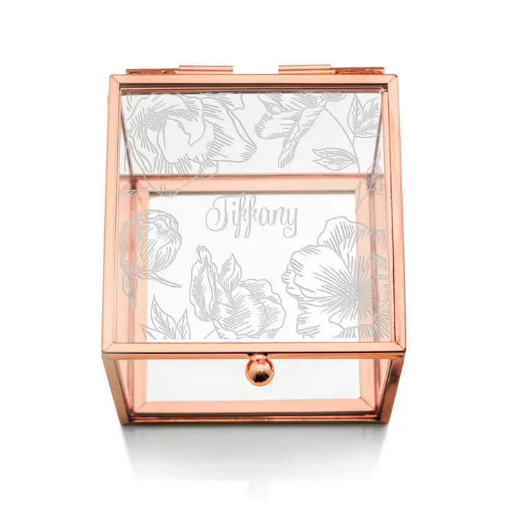 Personalized Rose Gold Glass Jewelry Box – Floral Print Engraving