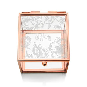 Personalized Rose Gold Glass Jewelry Box – Floral Print Engraving