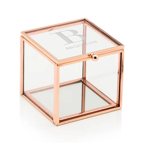 Personalized Rose Gold Glass Jewelry Box – Modern Serif Engraving