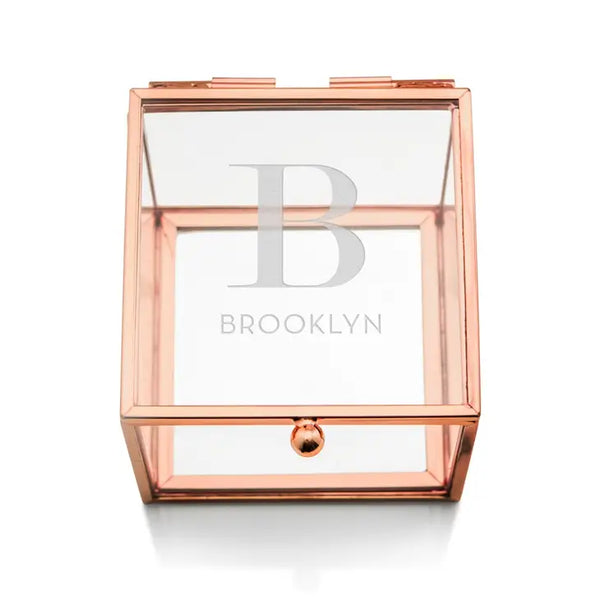 Personalized Rose Gold Glass Jewelry Box – Modern Serif Engraving