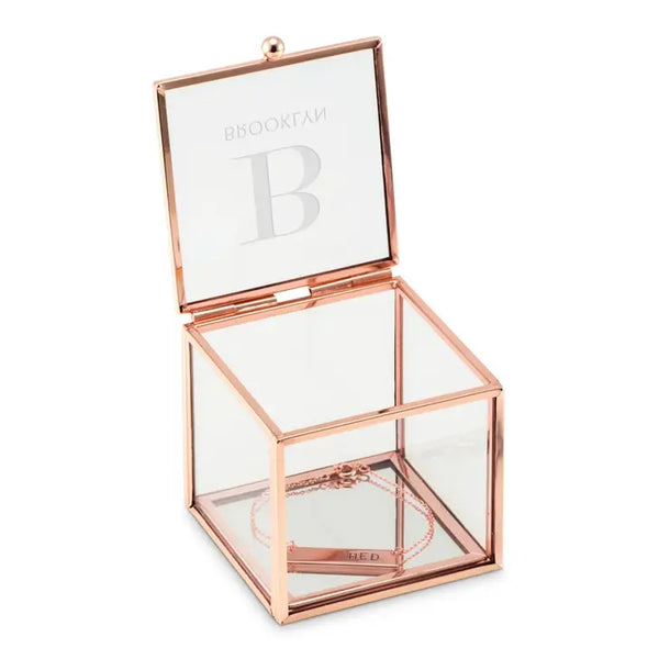 Personalized Rose Gold Glass Jewelry Box – Modern Serif Engraving