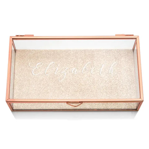 Large Personalized Rectangle Glass Jewelry Box- Elegant Calligraphy Print