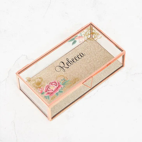 Large Personalized Rectangle Glass Jewelry Box- Modern Floral Print