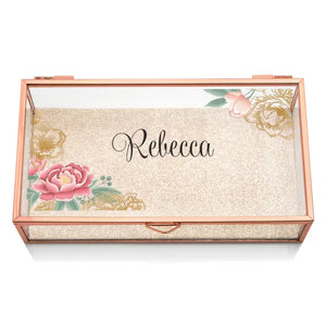 Large Personalized Rectangle Glass Jewelry Box- Modern Floral Print