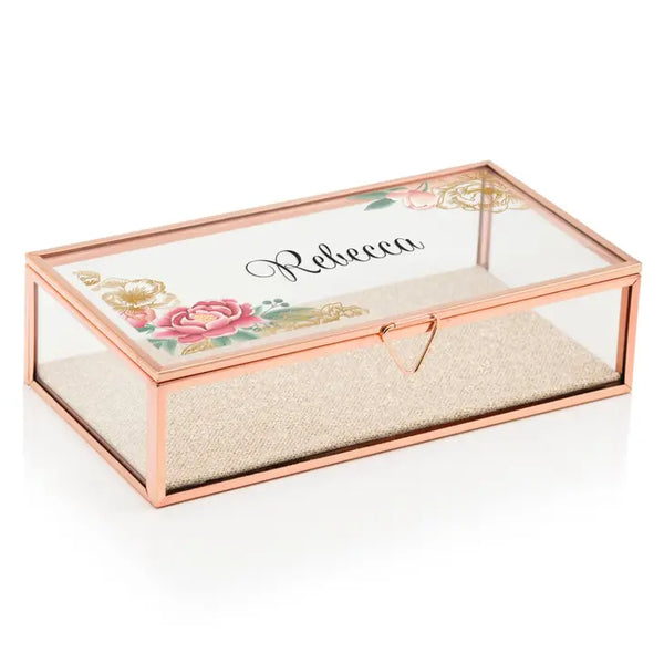 Large Personalized Rectangle Glass Jewelry Box- Modern Floral Print