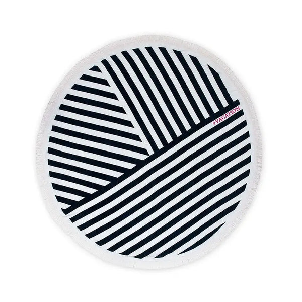 Personalized Round Beach Towel - Navy Blue And White Geometric Striped Pattern