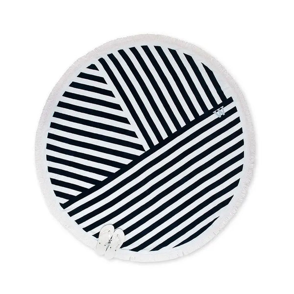 Personalized Round Beach Towel - Navy Blue And White Geometric Striped Pattern