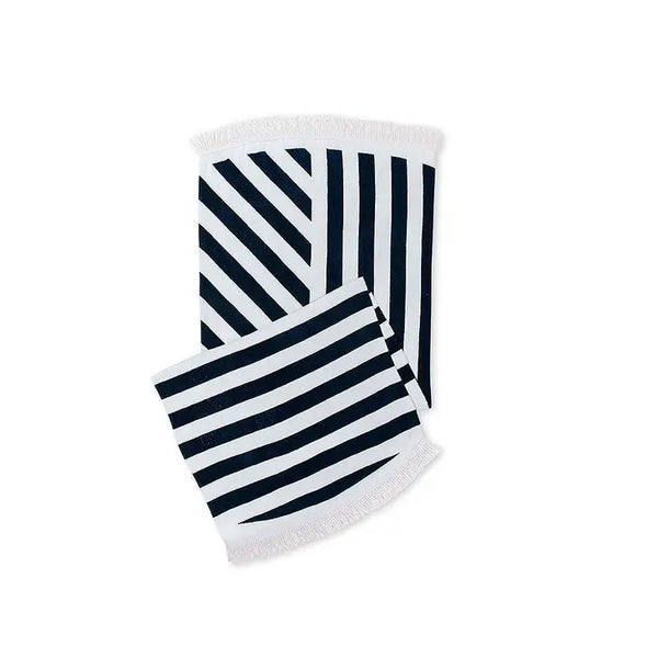 Personalized Round Beach Towel - Navy Blue And White Geometric Striped Pattern