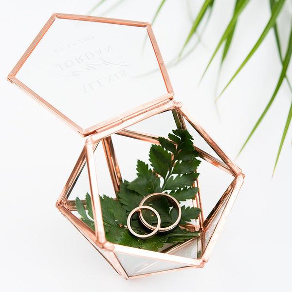 Small Glass Geometric Terrarium Style Ring Box - Modern Couple Etching